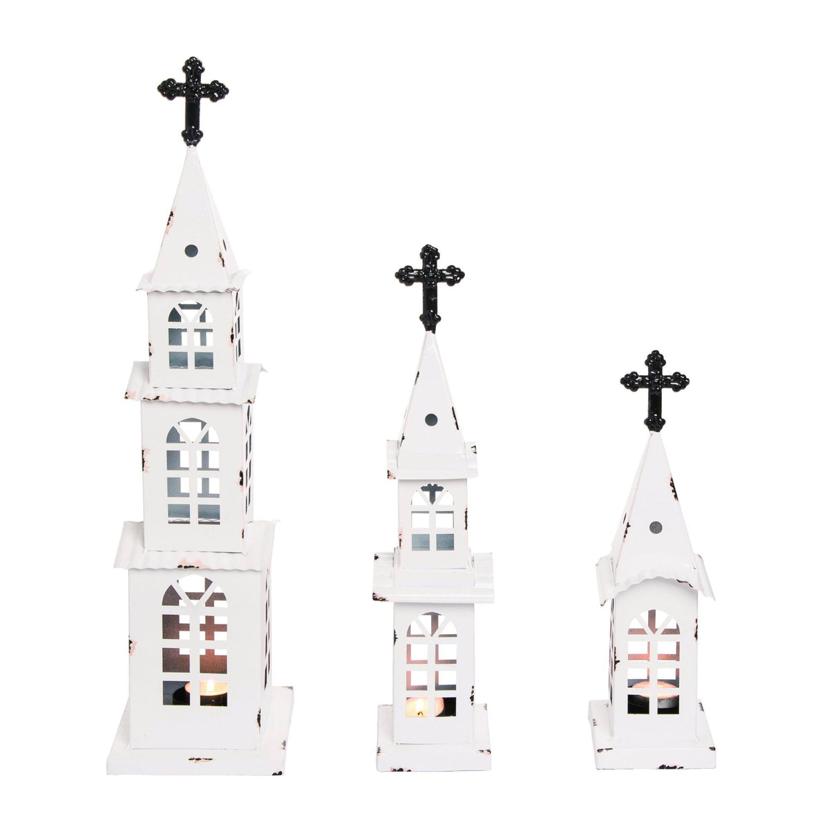 White and Black Distressed Finish Christmas Church Tealight Holders L451148