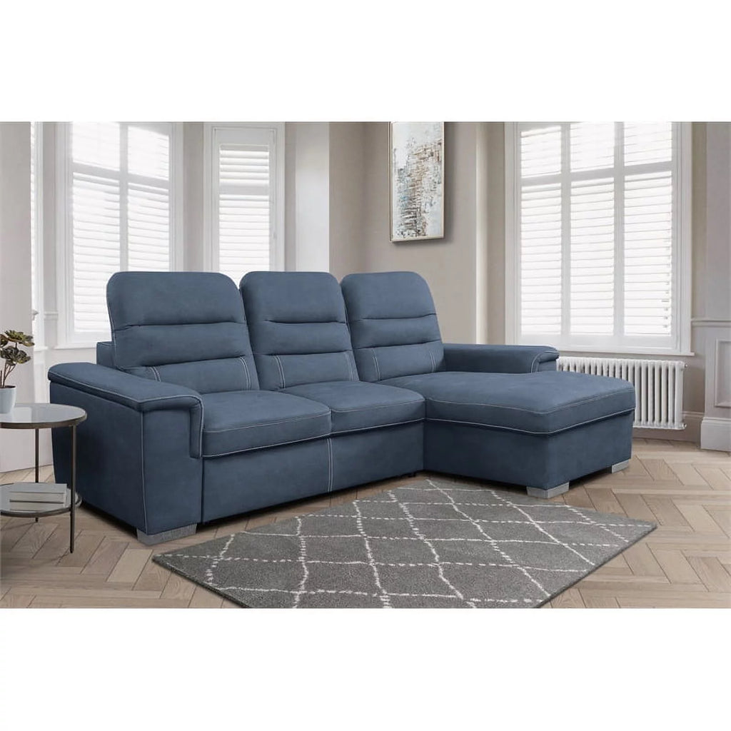 Blue Microfiber Sectional Sofa with Pull Out Bed W651