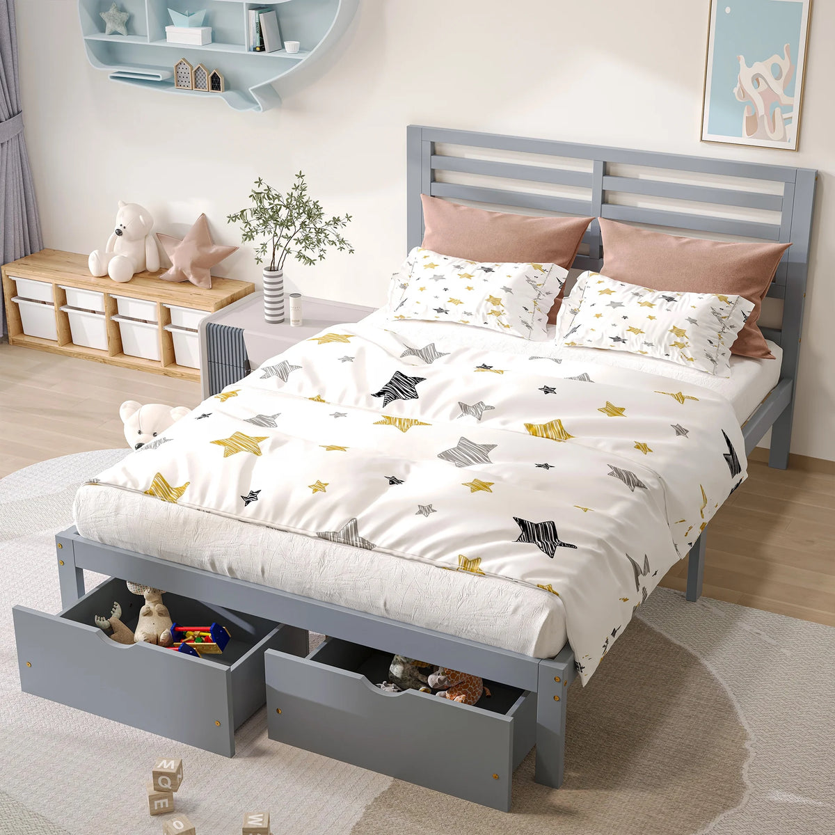 Gray Pine Wood Full Size Platform Bed Frame with Headboard and Drawers I16158