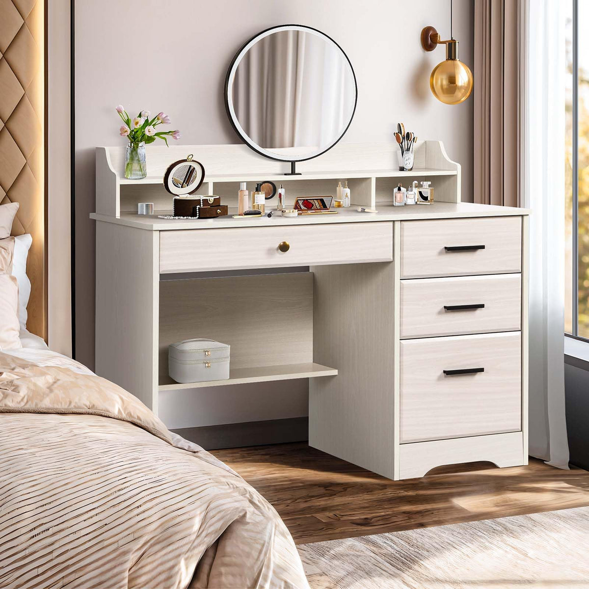 Warm White Wood Computer Desk with Drawers and Hutch J238847