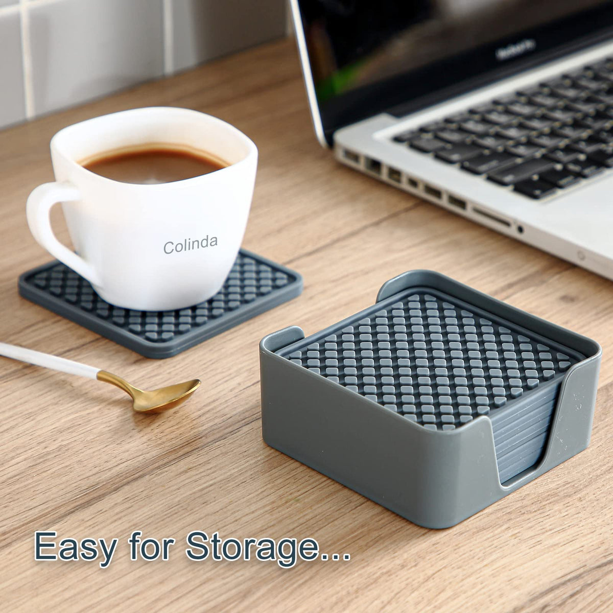 Silicone Drink Coasters with Holder, Set of 6, Black I26733