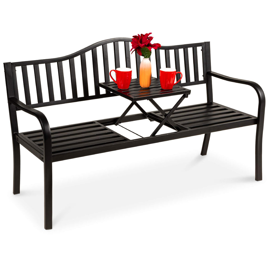 Black Steel Outdoor Garden Bench with Pullout Middle Table E28644