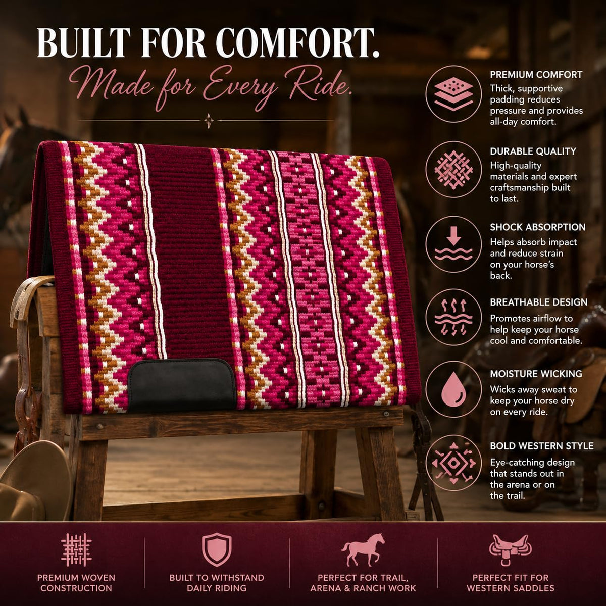 Burgundy Pink Tribal Horse Saddle Pad S6283