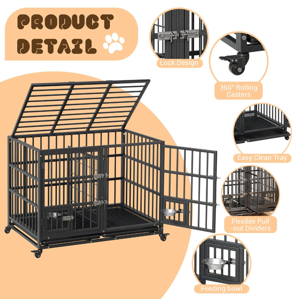 42 inch Heavy Duty Metal Dog Crate with Removable Tray and Wheels N44905