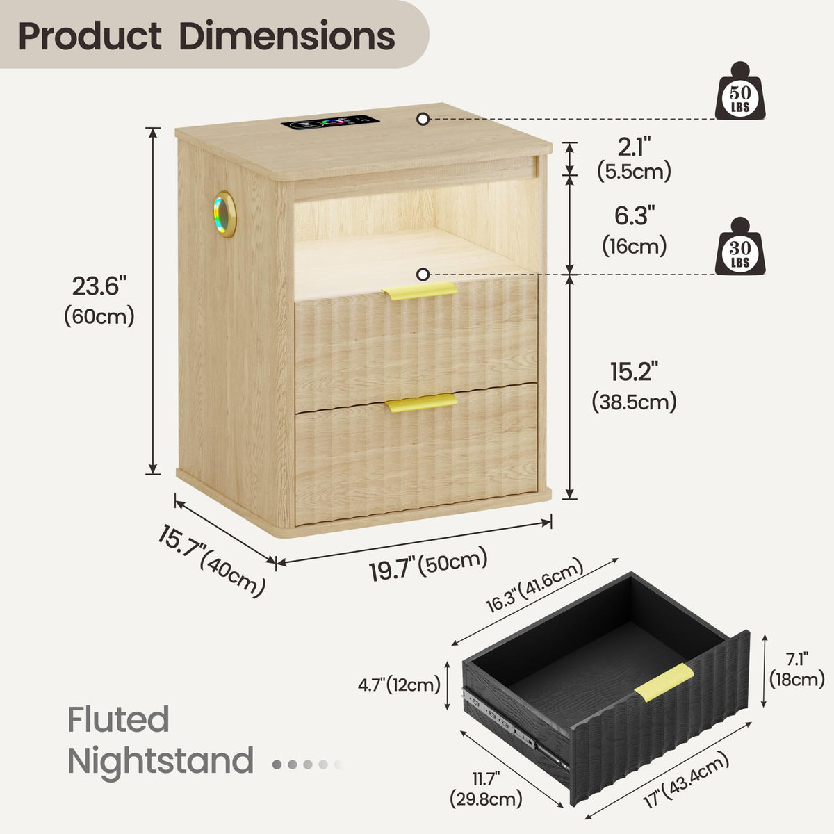 LED Nightstand with Charging Station and 2 Drawers O77578