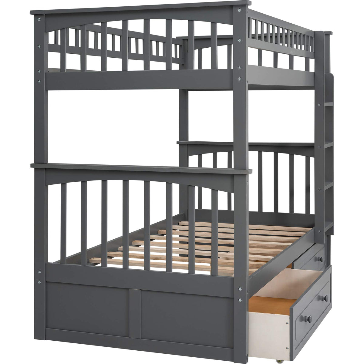 Grey Convertible Wood Twin-Over-Twin Bunk Bed with Storage Drawers and Ladder H770