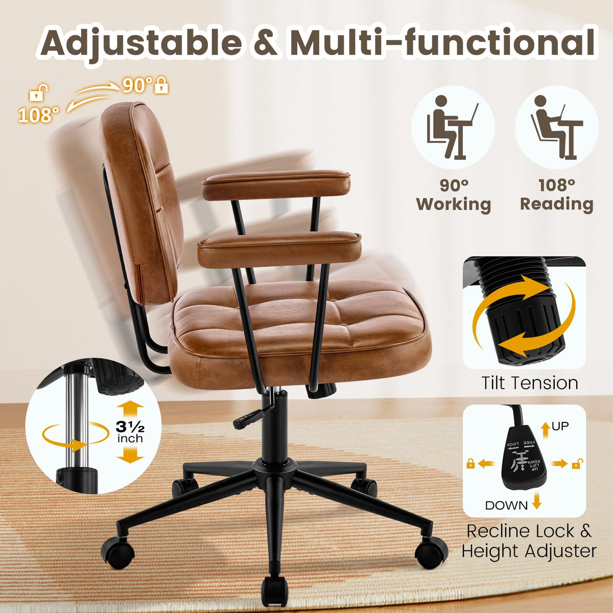 Brown Leather Office Chair with Wheels G321