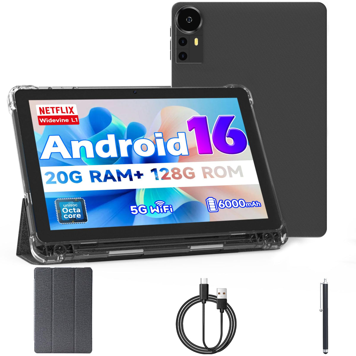 10 inch Tablet 20GB RAM 128GB ROM Octa-Core with Case and Stylus Black D6695