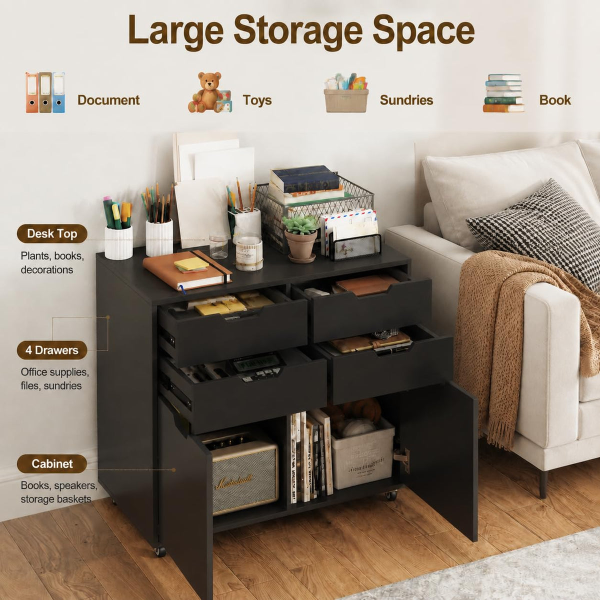 Mobile File Cabinet Rolling Printer Stand Black V3848