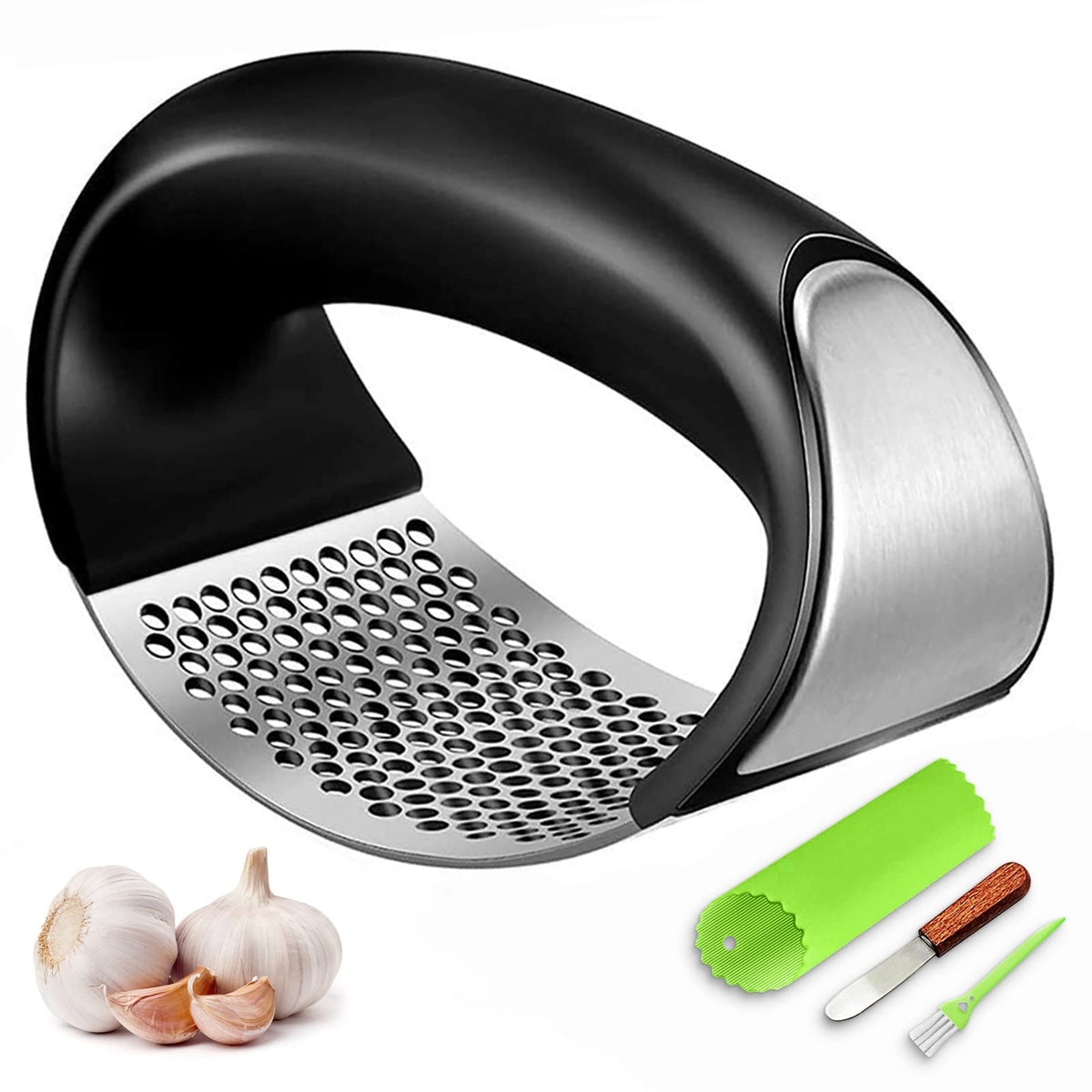 Stainless Steel Garlic Press Rocker with Silicone Peeler W270