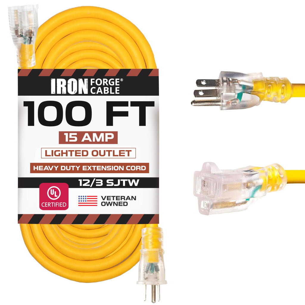 100 Foot Outdoor Extension Cord 12/3 SJTW Heavy Duty Yellow 3 Prong 15 AMP Q522605