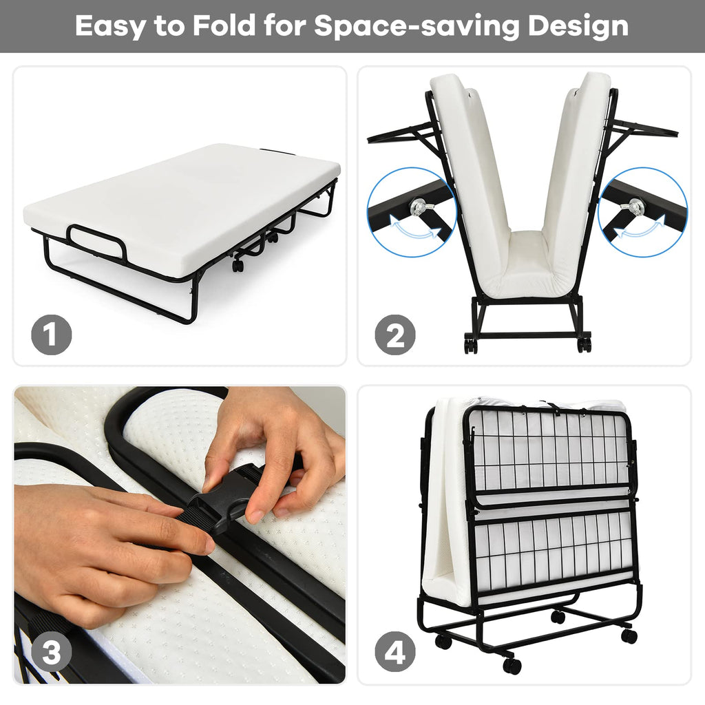 Folding Bed with Mattress Twin Size Metal Frame Memory Foam T2097