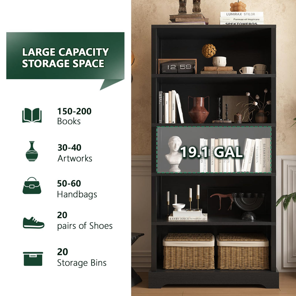 5 Tiers Wooden Bookshelf, 65.2" Tall 31.5" Wide Black O45321