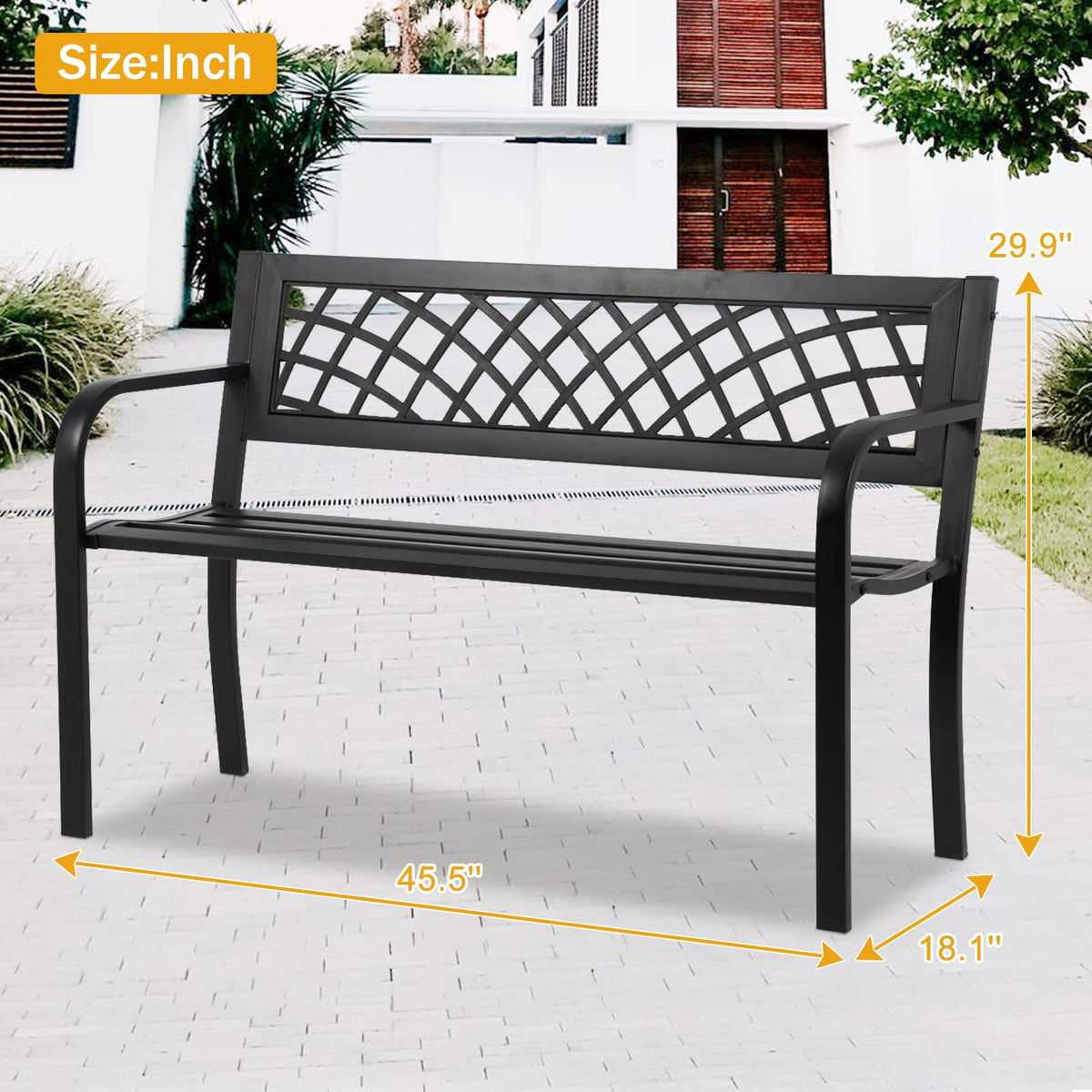 Black Cast Iron Outdoor Garden Bench with Mesh Backrest W7411