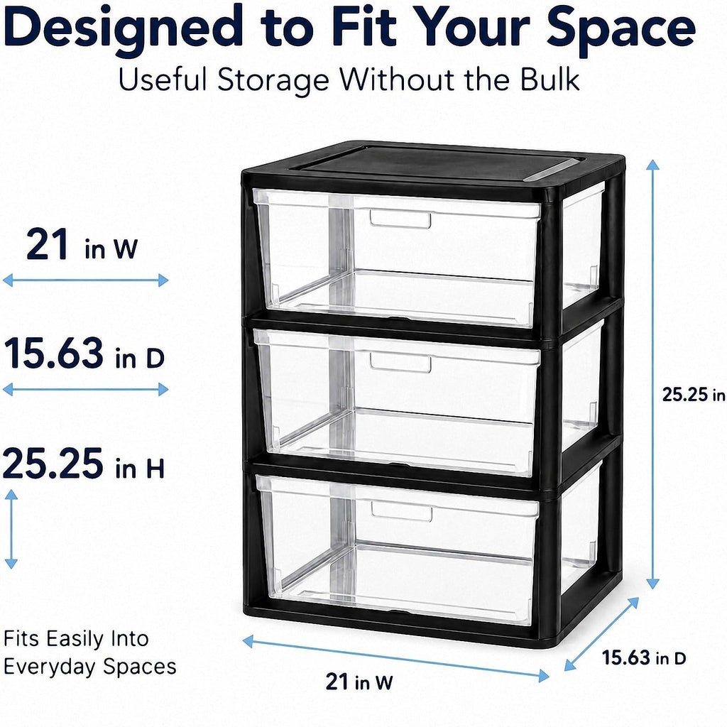 Black 3 Drawer Plastic Storage Tower with Clear Bins O5135