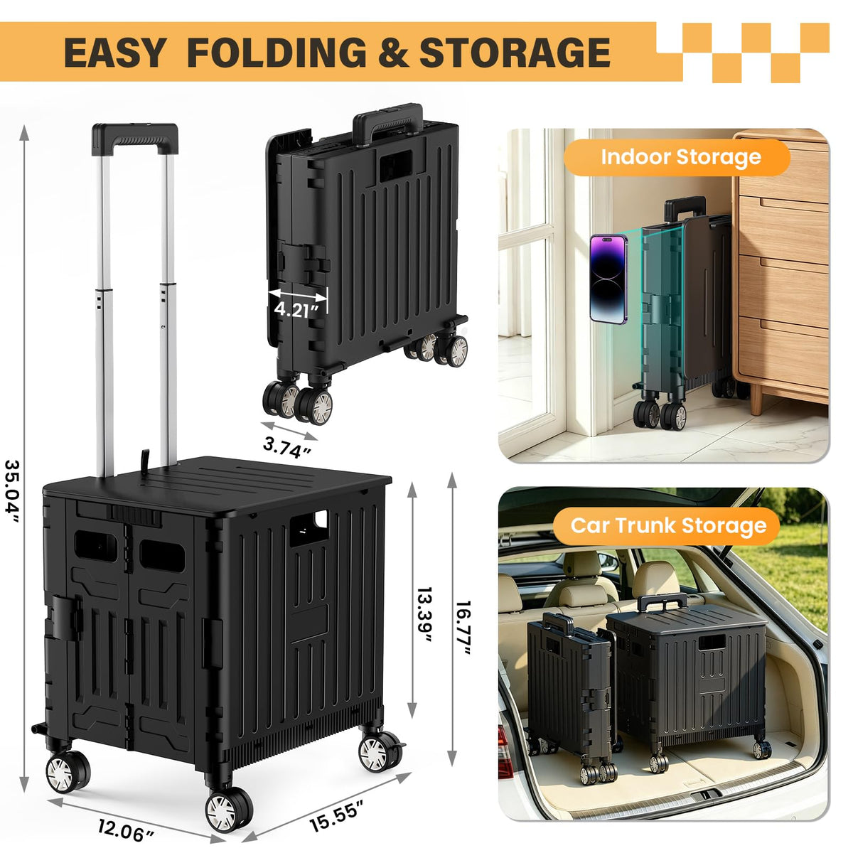 Black Folding Rolling Utility Cart A472