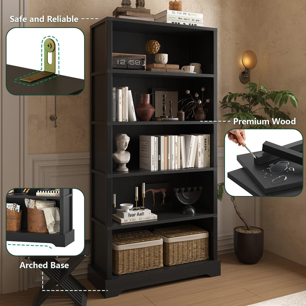 5 Tiers Wooden Bookshelf, 65.2" Tall 31.5" Wide Black O45321