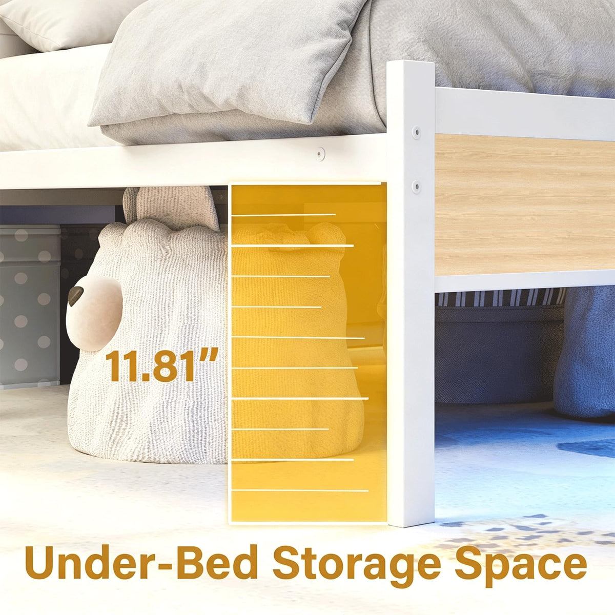 White Full Size Upholstered Platform Bed Frame with LED Lights and Storage Shelf B3924