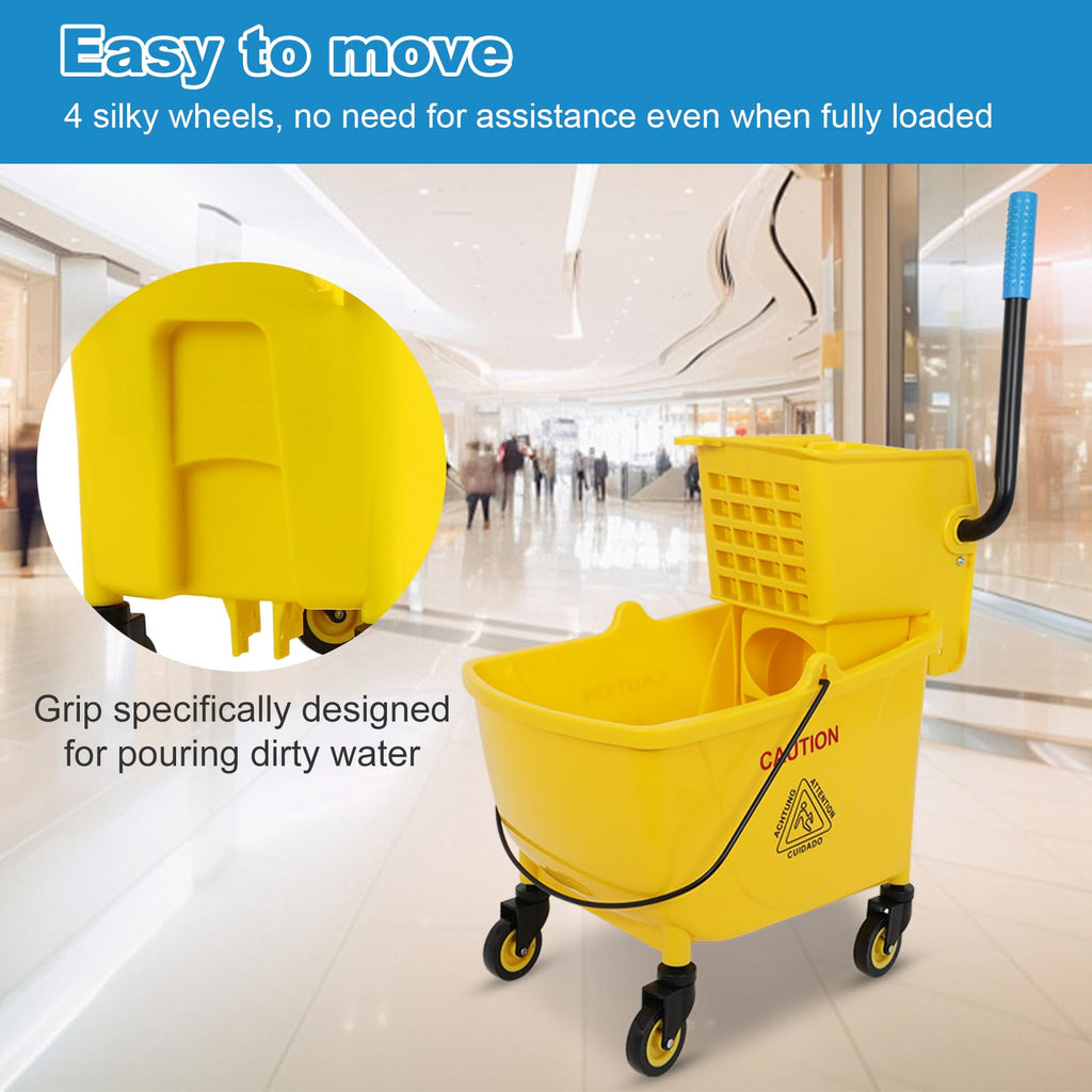 35 Qt Yellow Mop Bucket with Wringer on Wheels and Mops Set A5619
