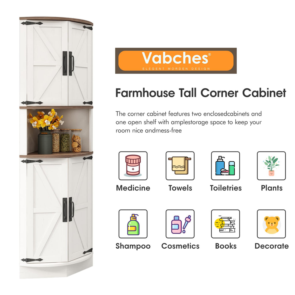 White Tall Corner Storage Cabinet with 4 Doors and 5 Shelves F964471