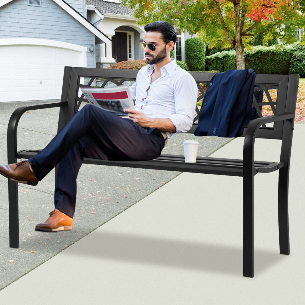 Black Cast Iron Outdoor Garden Bench with Mesh Backrest W7411