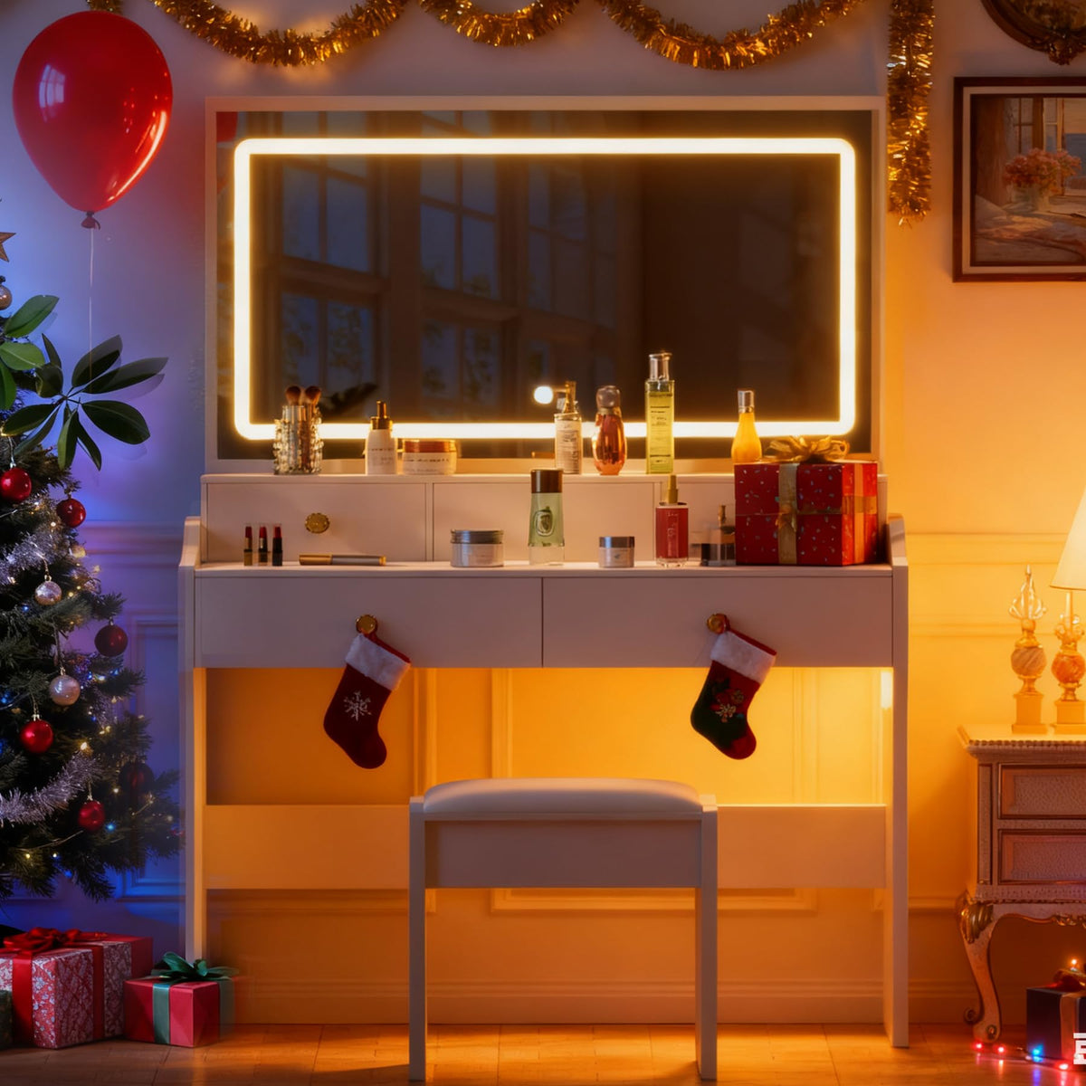 White Vanity Desk with LED Lights Mirror and 5 Drawers D5228