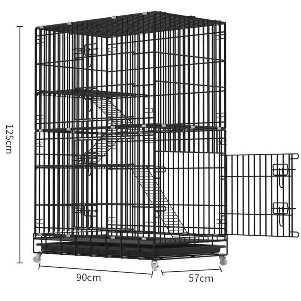 Large Black 4-Tier Folding Metal Wire Cat Cage with Hammock & Ramp Ladders H90467