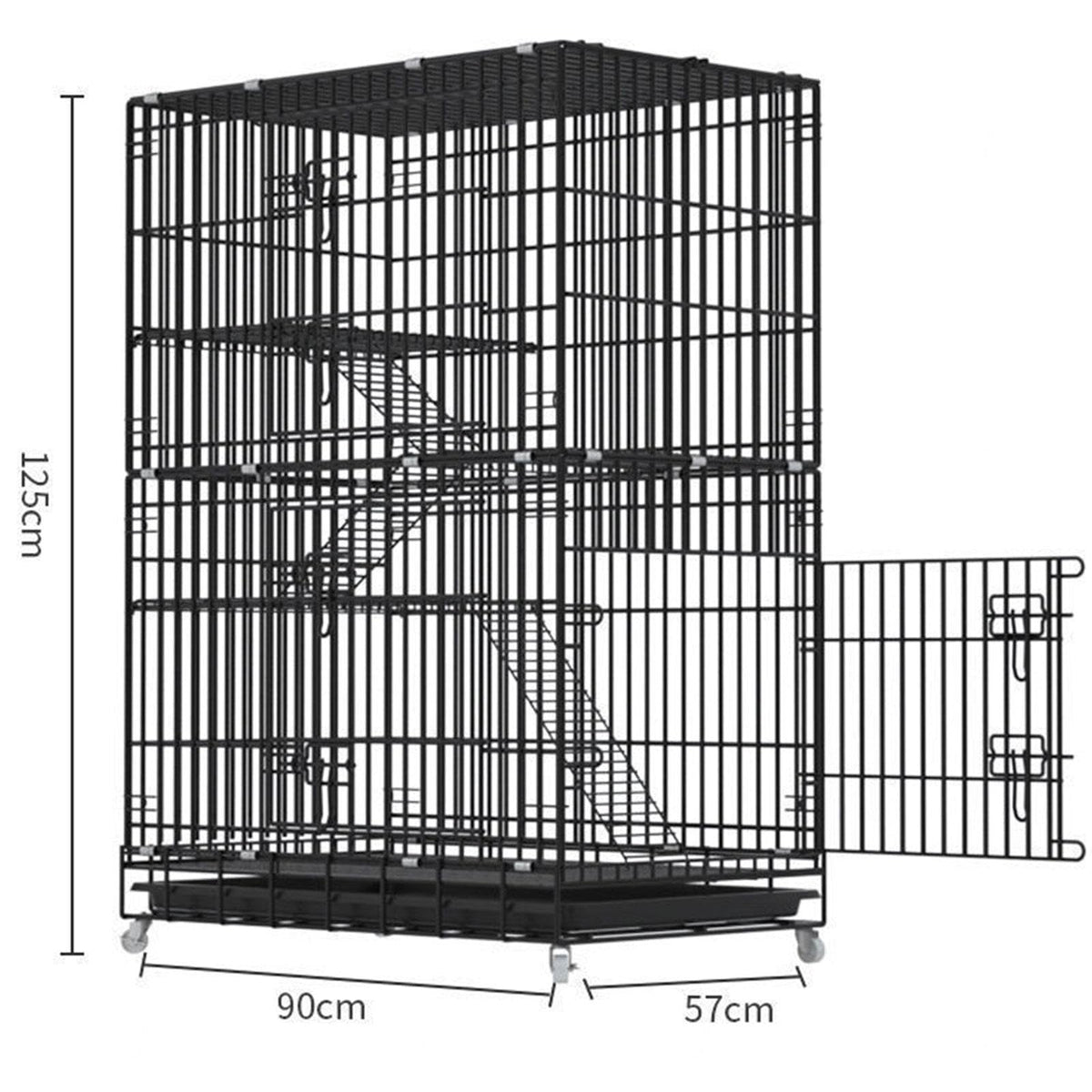 Large Black 4-Tier Folding Metal Wire Cat Cage with Hammock & Ramp Ladders H90467