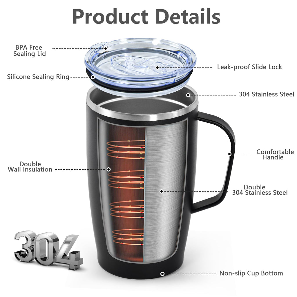 16oz Coffee Mug with Handle, 2Pack Insulated Tumblers with Lid and Straw O328106