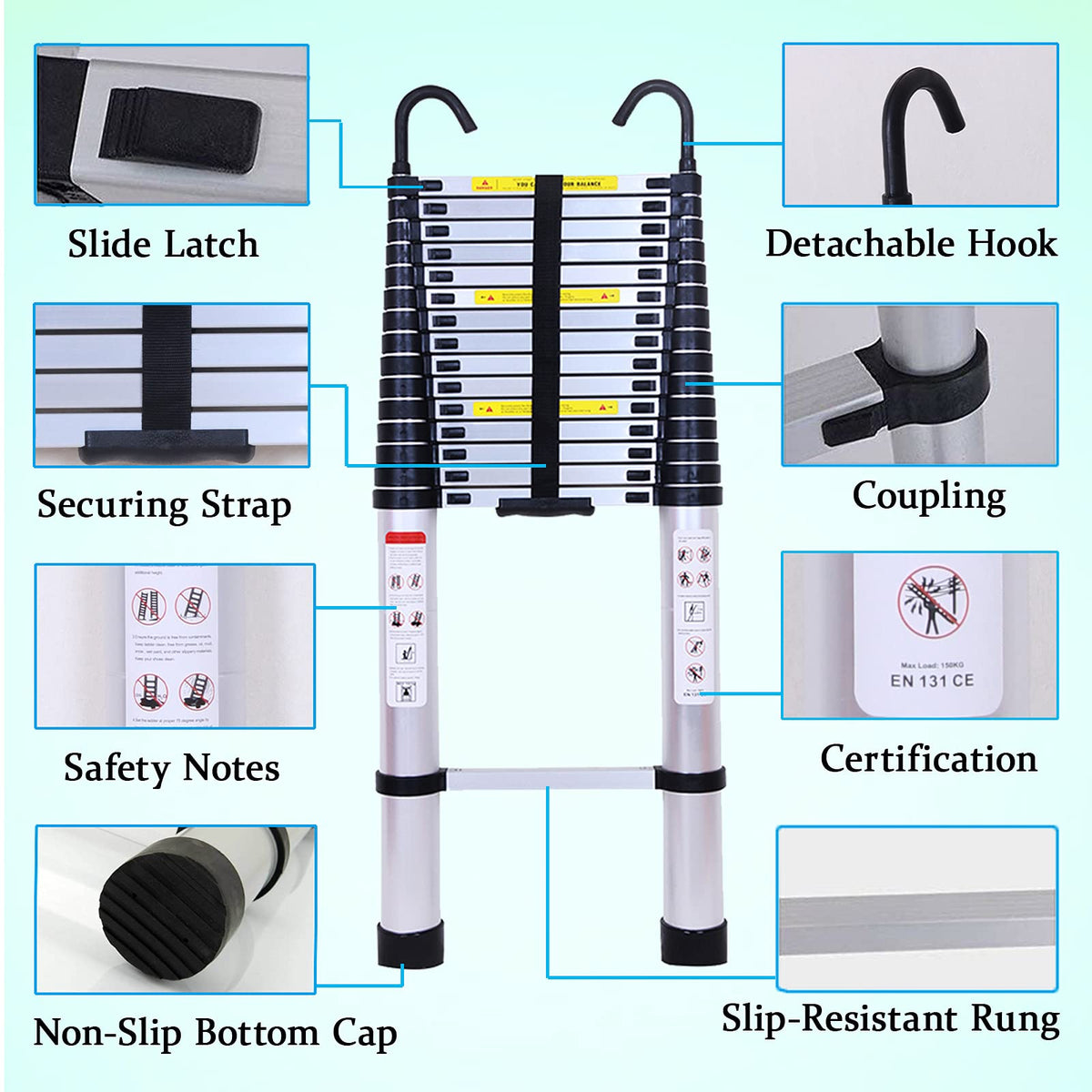 20.5FT Aluminum Telescoping Ladder with 2 Detachable Hooks H526