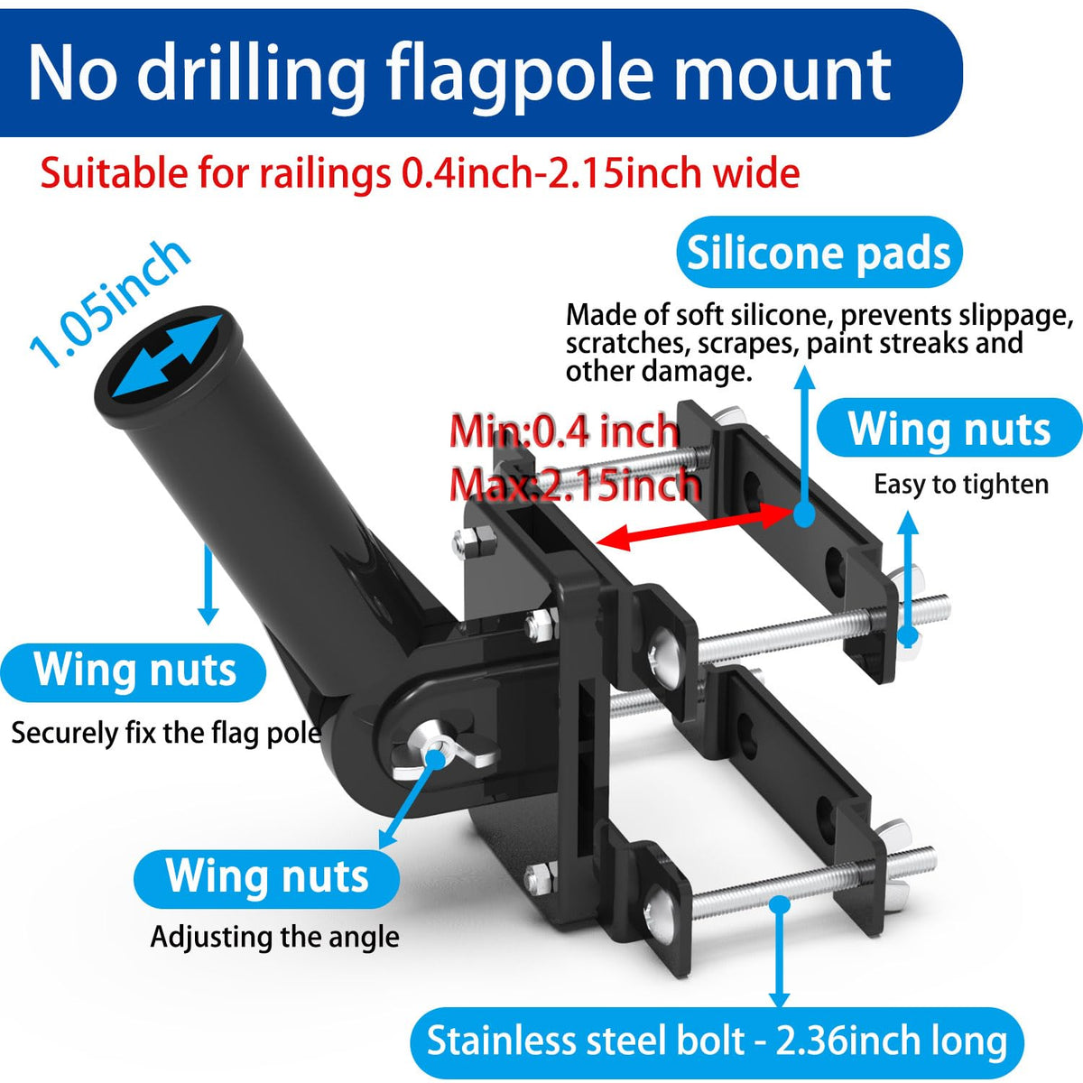Flagpole Mount for Balcony Railing, Round and Square Railing, Black W460