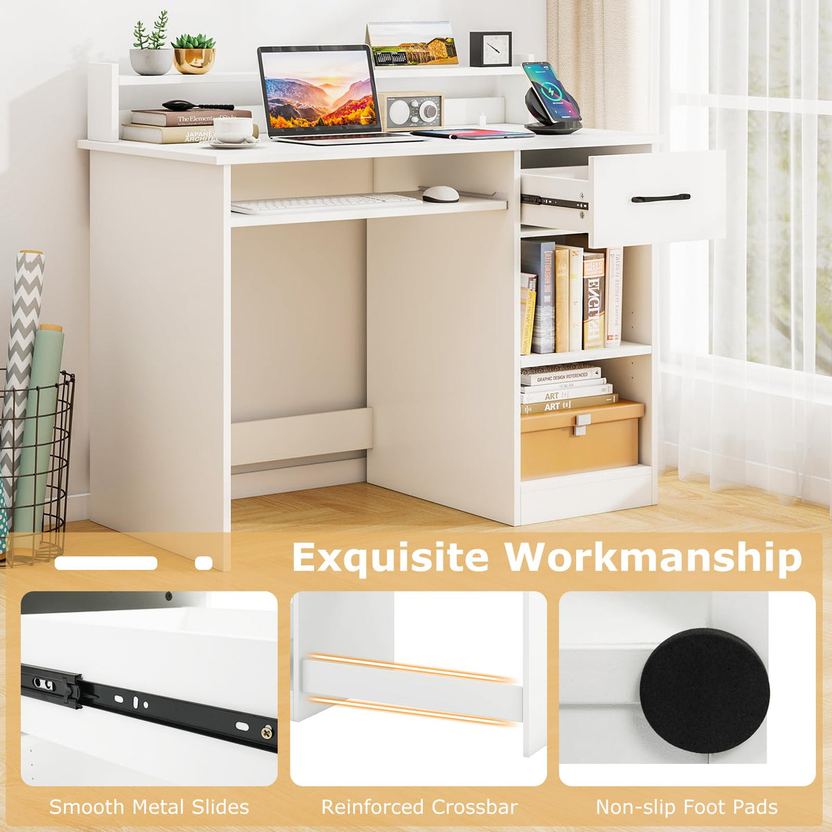 White Desk with Drawer and Keyboard Tray P719