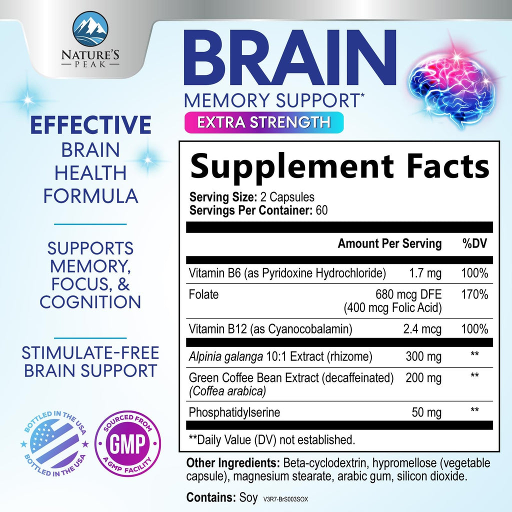 120 Capsules Brain Memory Supplement with Vitamin B6 B12 Folate & Phosphatidylserine P81654