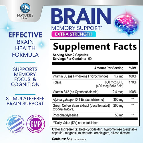 120 Capsules Brain Memory Supplement with Vitamin B6 B12 Folate & Phosphatidylserine P81654