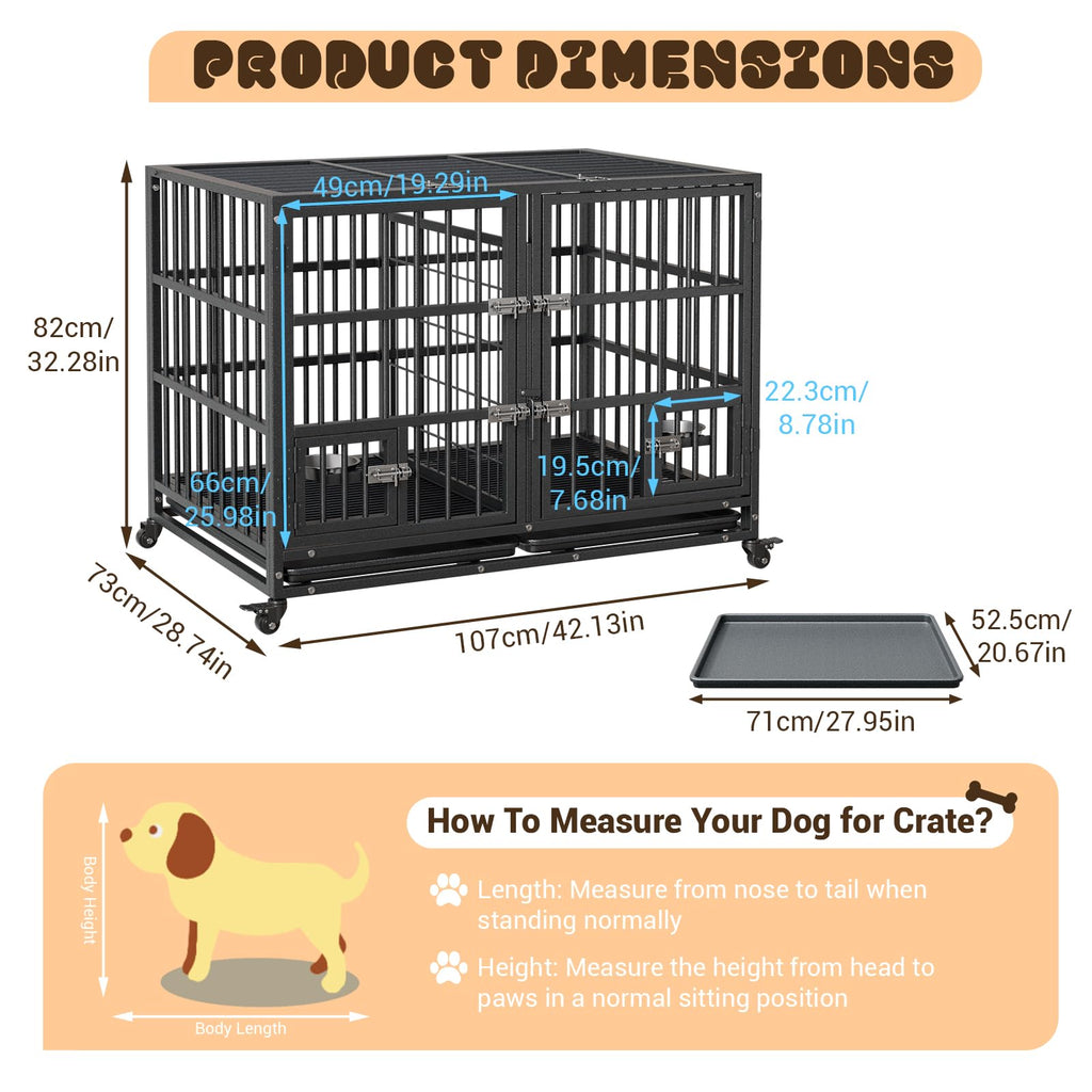 42 inch Heavy Duty Metal Dog Crate with Removable Tray and Wheels N44905