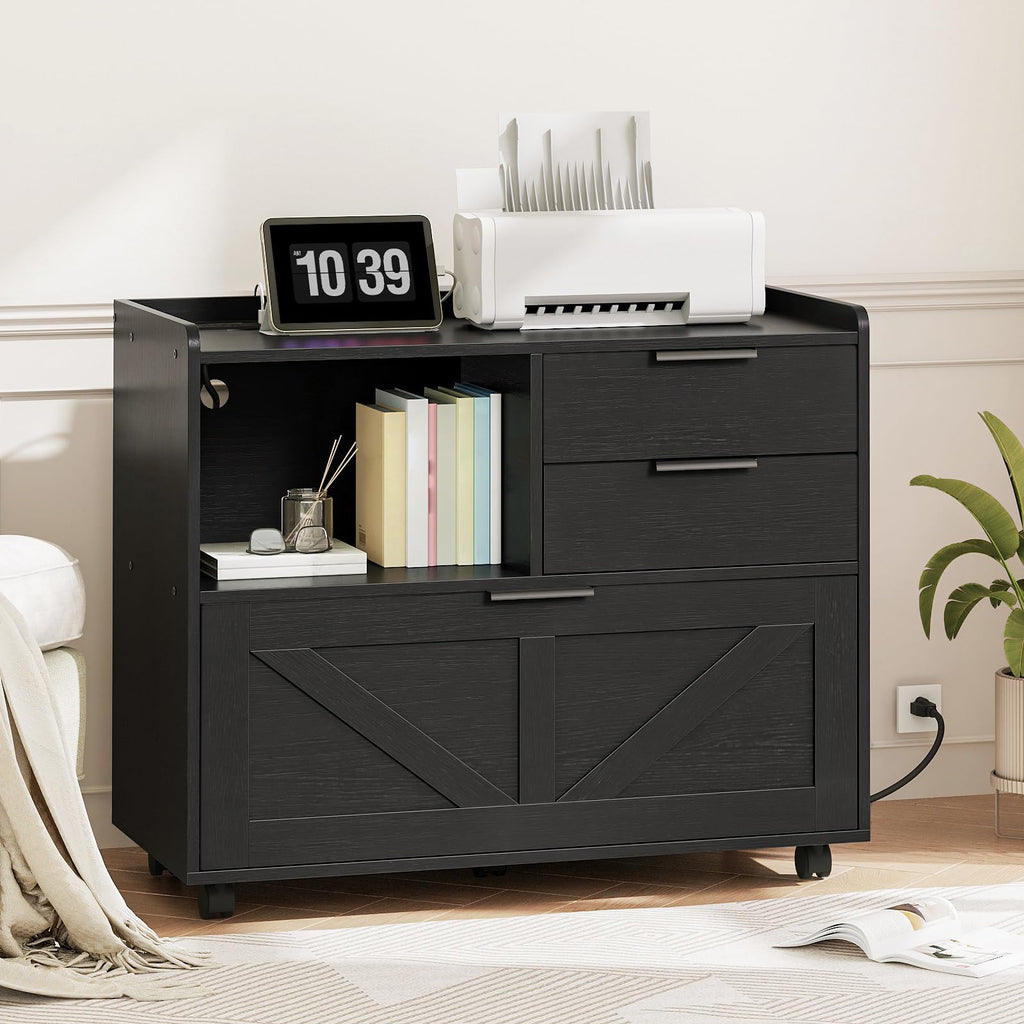 Black Wood Lateral File Cabinet with Charging Station X970866