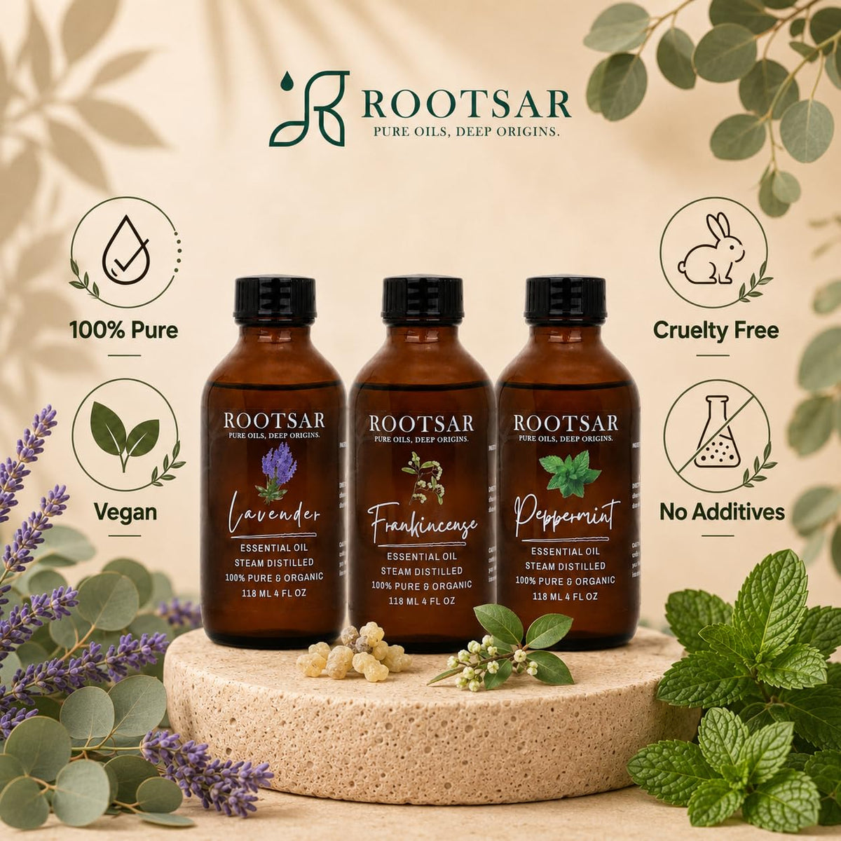 3 Pack Lavender Frankincense Peppermint Essential Oils 4 Fl Oz Q399546