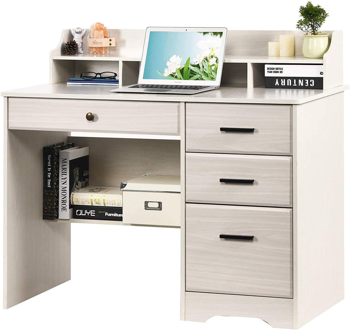 Warm White Wood Computer Desk with Drawers and Hutch J238847