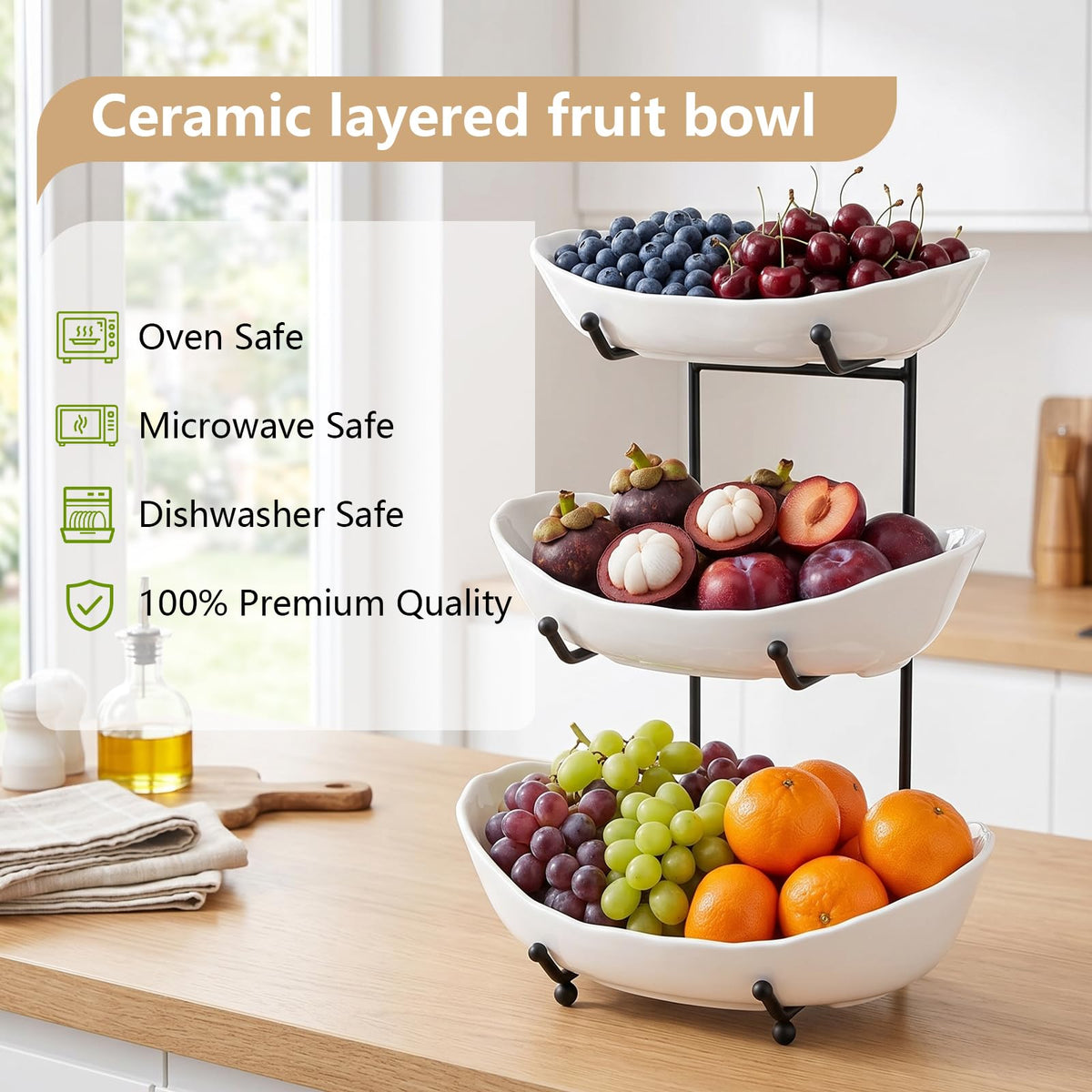 3 Tier Ceramic Fruit Bowl with Metal Stand O158