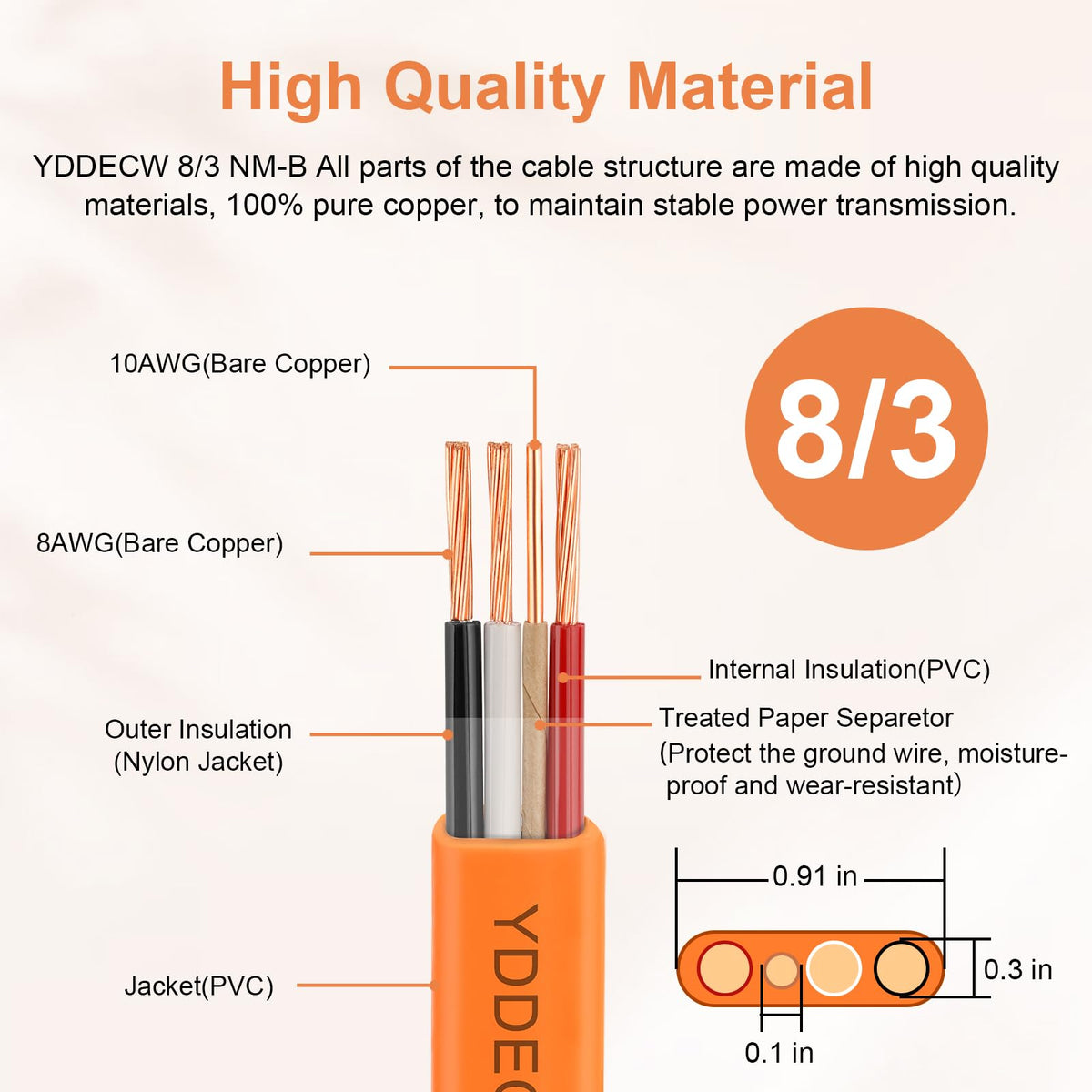 8 AWG 3 Conductor Non-Metallic Sheathed Cable 10FT Orange D547
