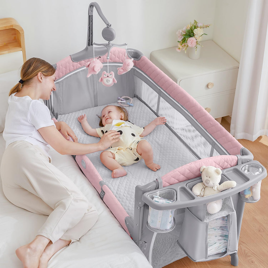 Pink Baby Bassinet Bedside Crib with Mattress E475