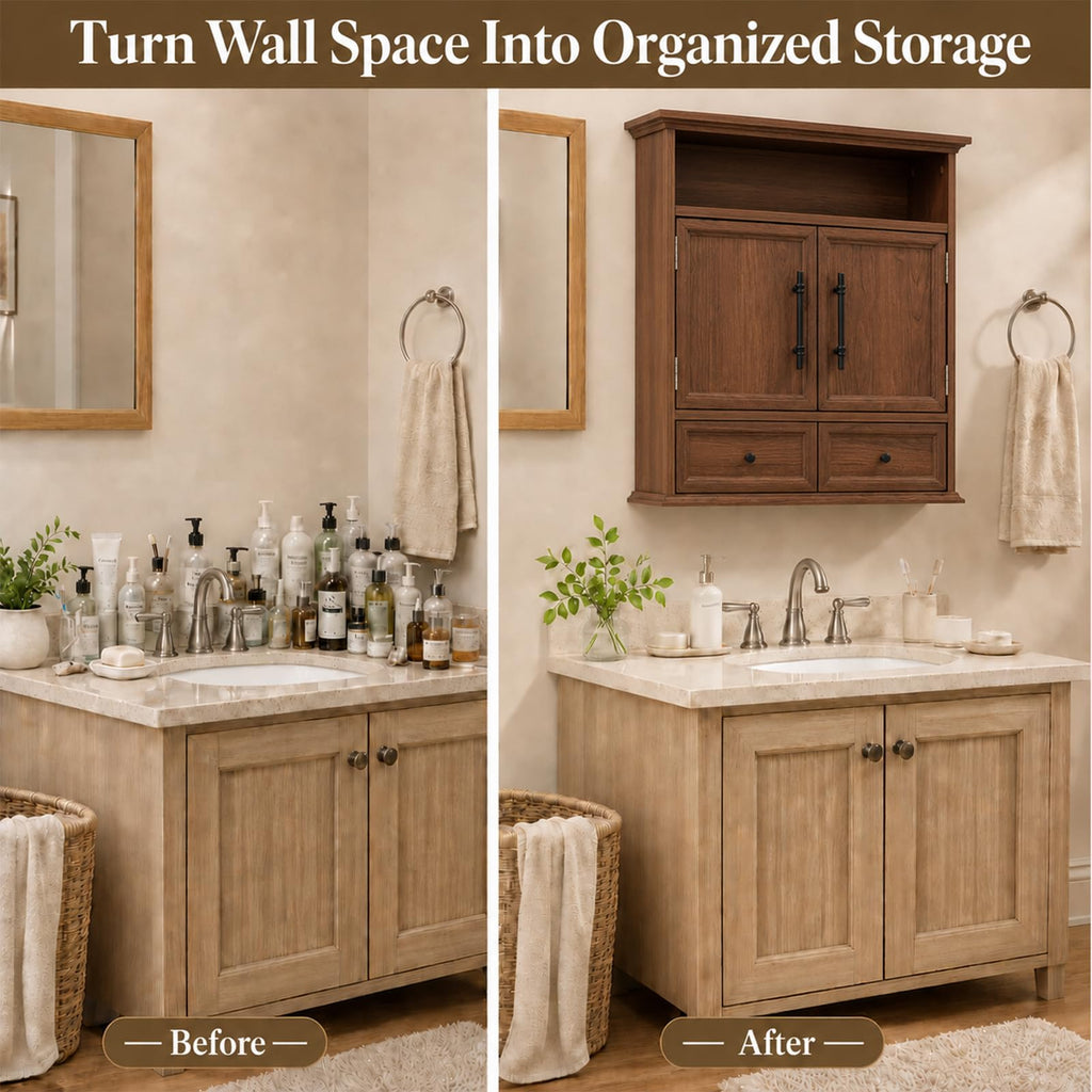 24" Wall Mounted Bathroom Storage Cabinet with Adjustable Shelf, Open Shelf, Double Doors and Drawer, Walnut M3087