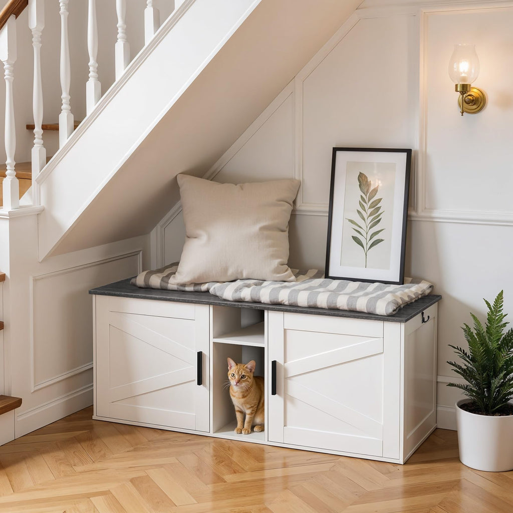 White and Charcoal Gray Cat Litter Box Enclosure P576690
