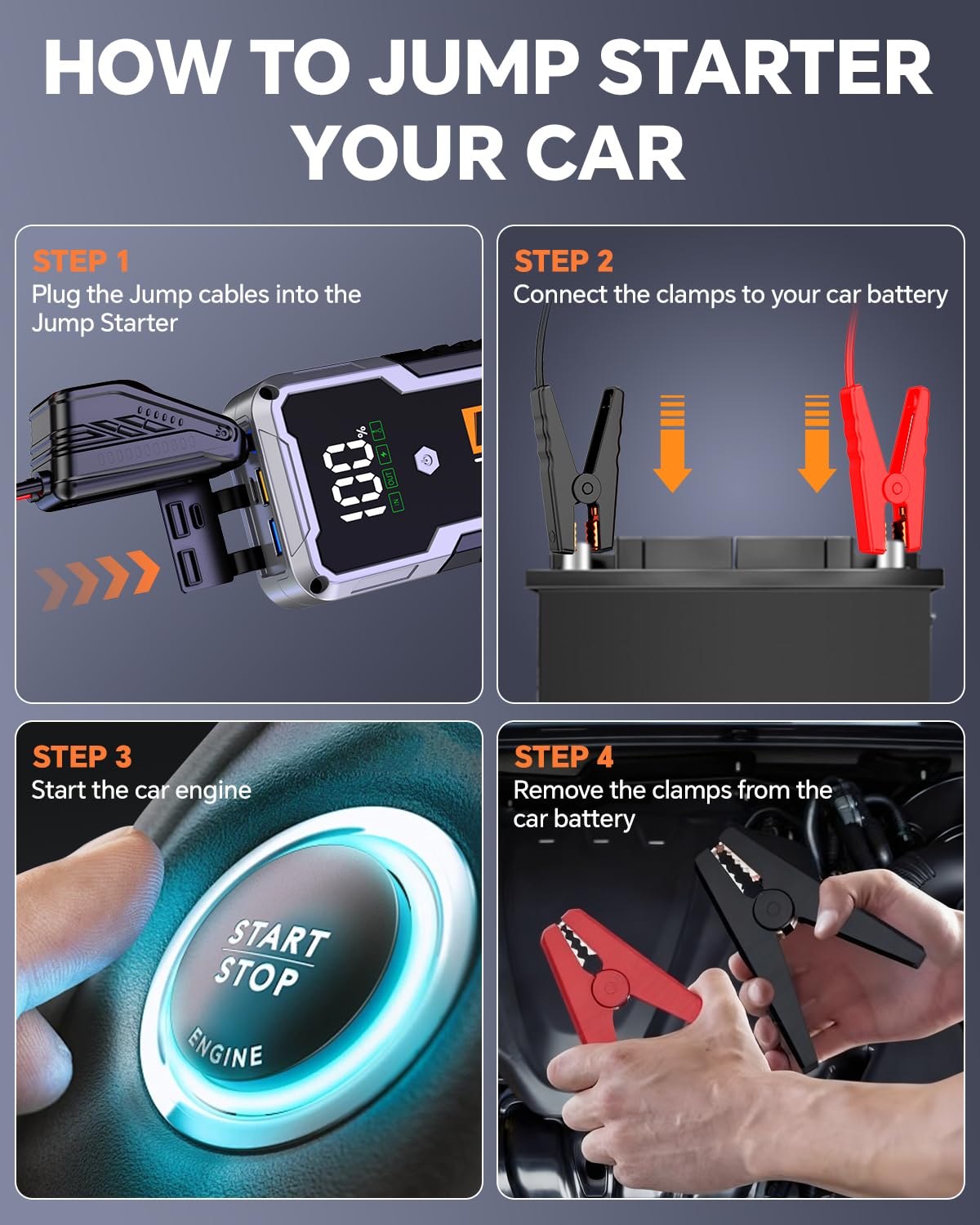 Car Battery Jump Starter Portable 12V with Jumper Cables LED Light Z746