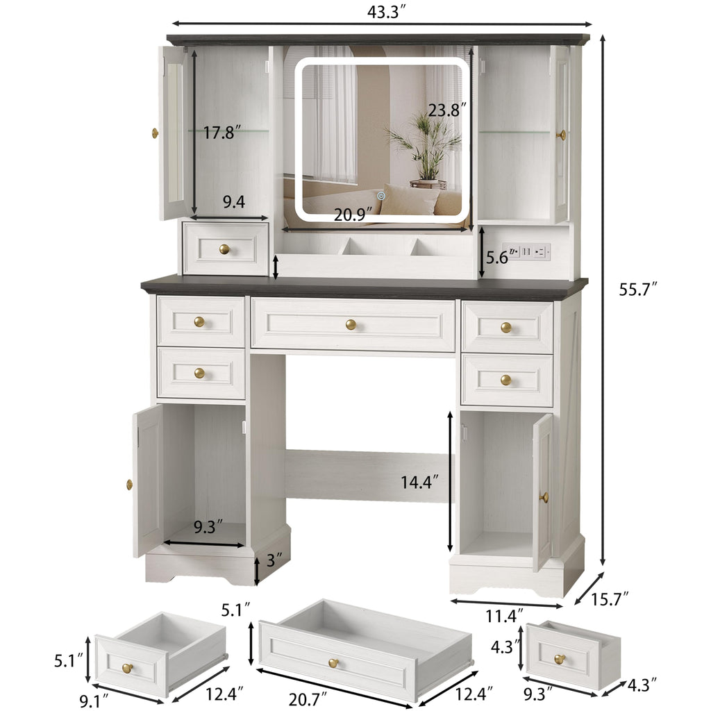 White Makeup Vanity Desk with Mirror and LED Lights Y15379