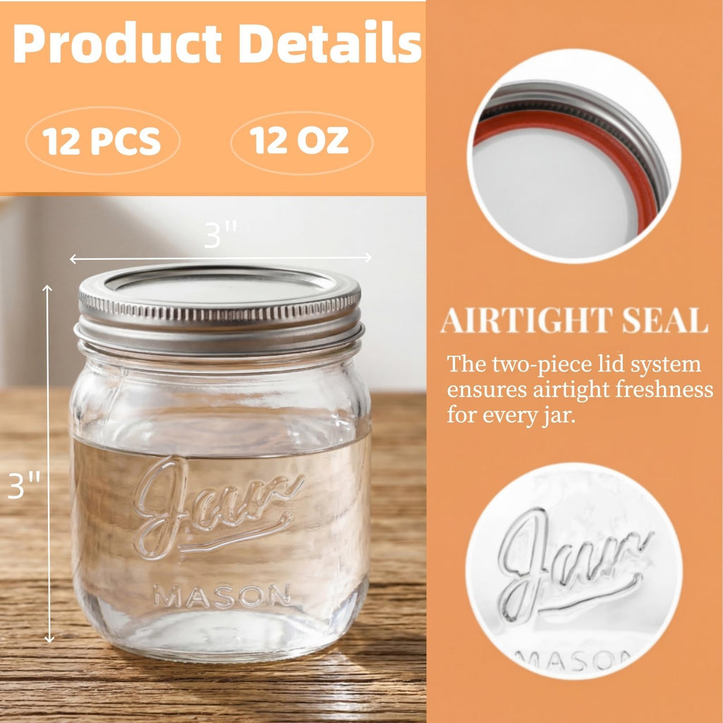 12 Pack 12 Oz Wide Mouth Airtight Glass Mason Jars Z173800