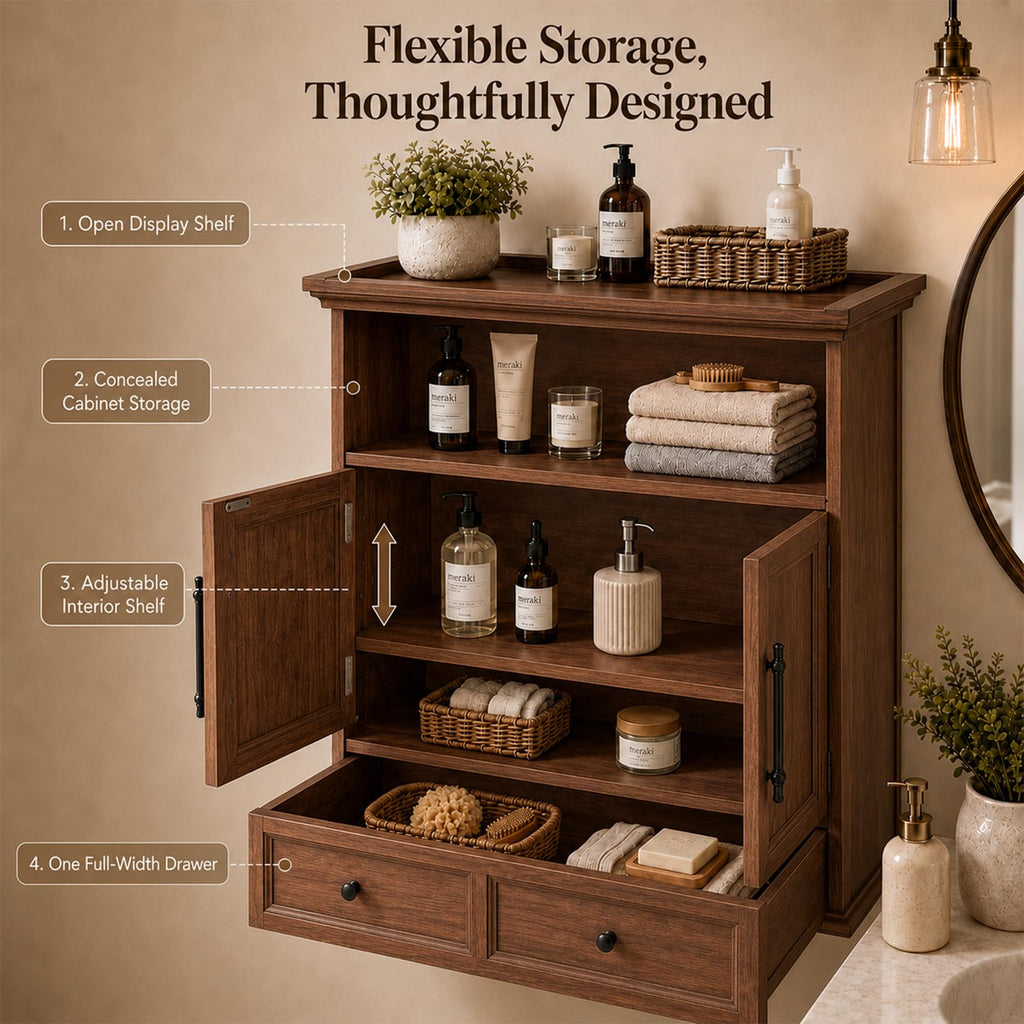 24" Wall Mounted Bathroom Storage Cabinet with Adjustable Shelf, Open Shelf, Double Doors and Drawer, Walnut M3087