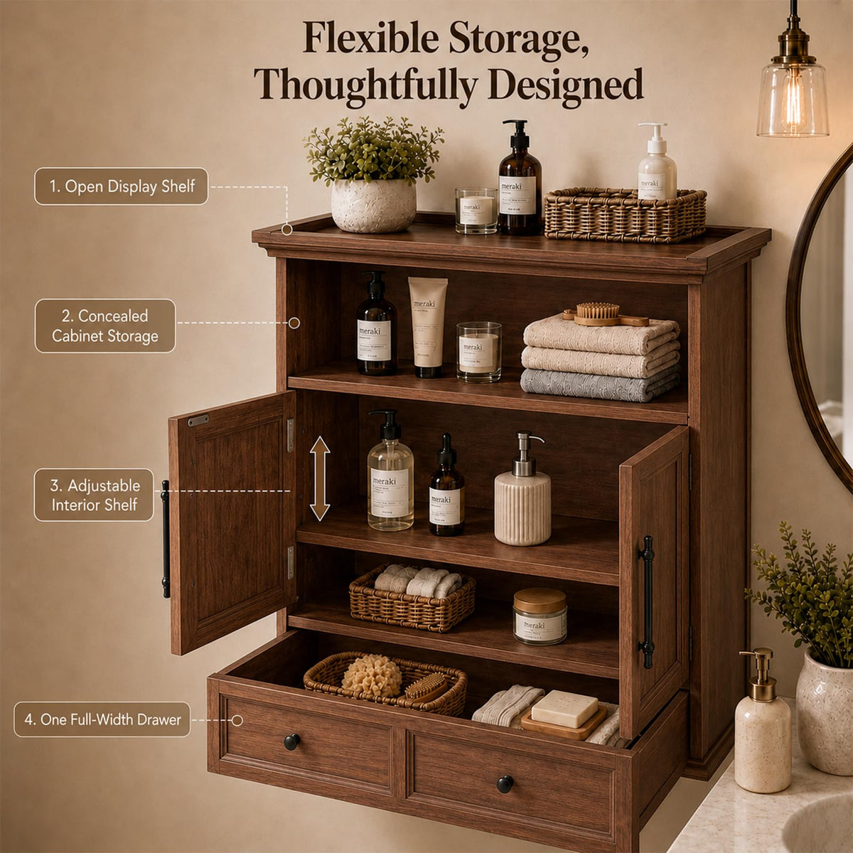 24" Wall Mounted Bathroom Storage Cabinet with Adjustable Shelf, Open Shelf, Double Doors and Drawer, Walnut M3087