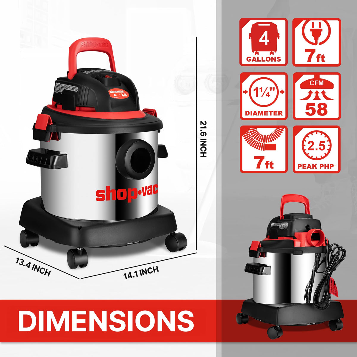 Wet/Dry Vacuum Cleaner, 4 Gallon, 2.5 Peak HP T3165