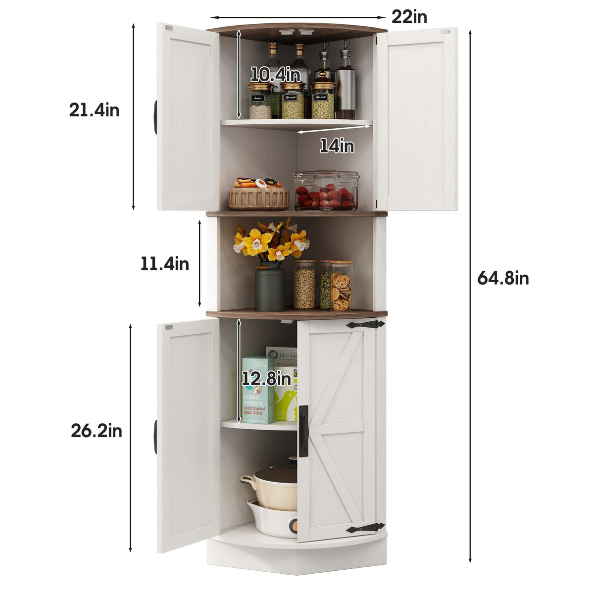 White Tall Corner Storage Cabinet with 4 Doors and 5 Shelves F964471